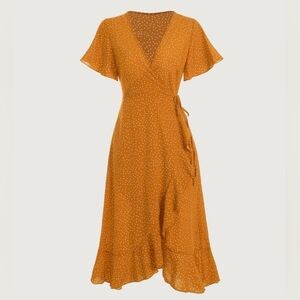 RIHOAS Women's Large Yellow & White Polka Dot V-neck Wrap-style Dress